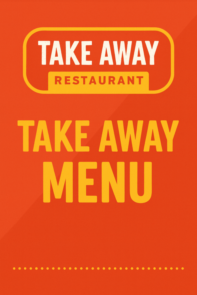 mmagini: Insegna di un ristorante teke away dai coliri rosso e arancione