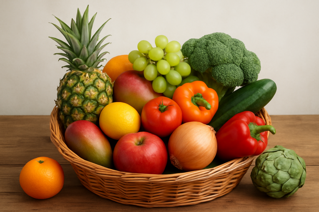 Immagine: Cesto di frutta e verdura di tutti i colori. di tutti i colori. La cromodieta