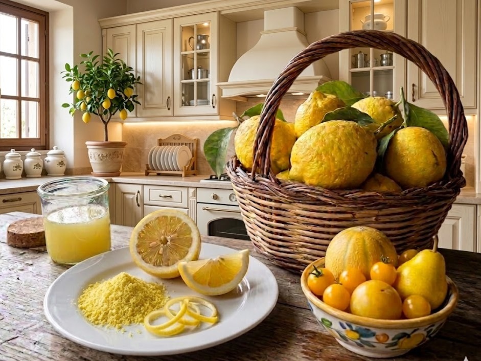 Inquadratura dettagliata di una cromo-dieta color limone: un piatto con buccia di limone in polvere, spicchi freschi e un bicchiere di succo. Accanto, un cesto pieno di limoni freschi e un vaso con un albero di limoni sullo sfondo di una cucina luminosa.