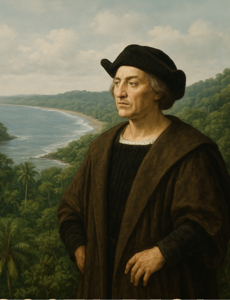 Immagine: Ritratto di Cristoforo Colombo. Sullo sfondo una baia con una spiaggia e un promontorio ricoperto di jungla. Scoprire il Costa Rica