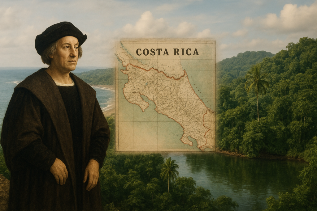 Innagine: Cristoforo Colombo, Cartina del Costa Rica, jungla espaggia tropicale. Scorire il Costa Rica