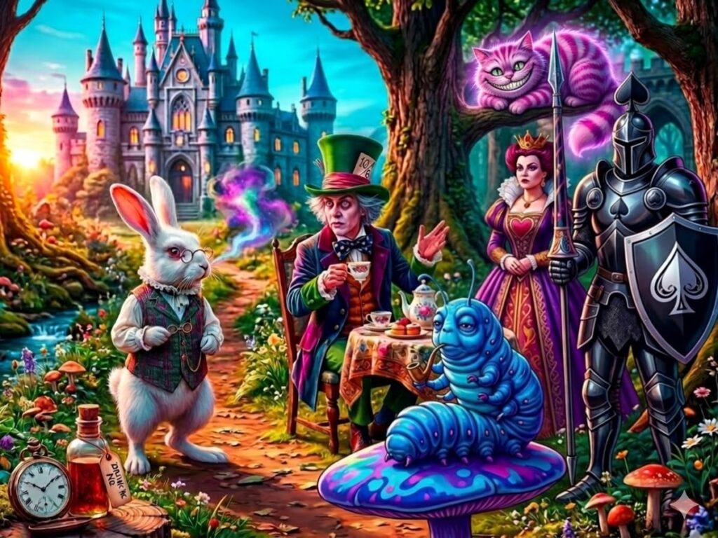 Il Cappellaio, Regina, Coniglio, Bruco e lo Stregatto sono tutti insieme alla ricerca della felicità in un mondo di magia.