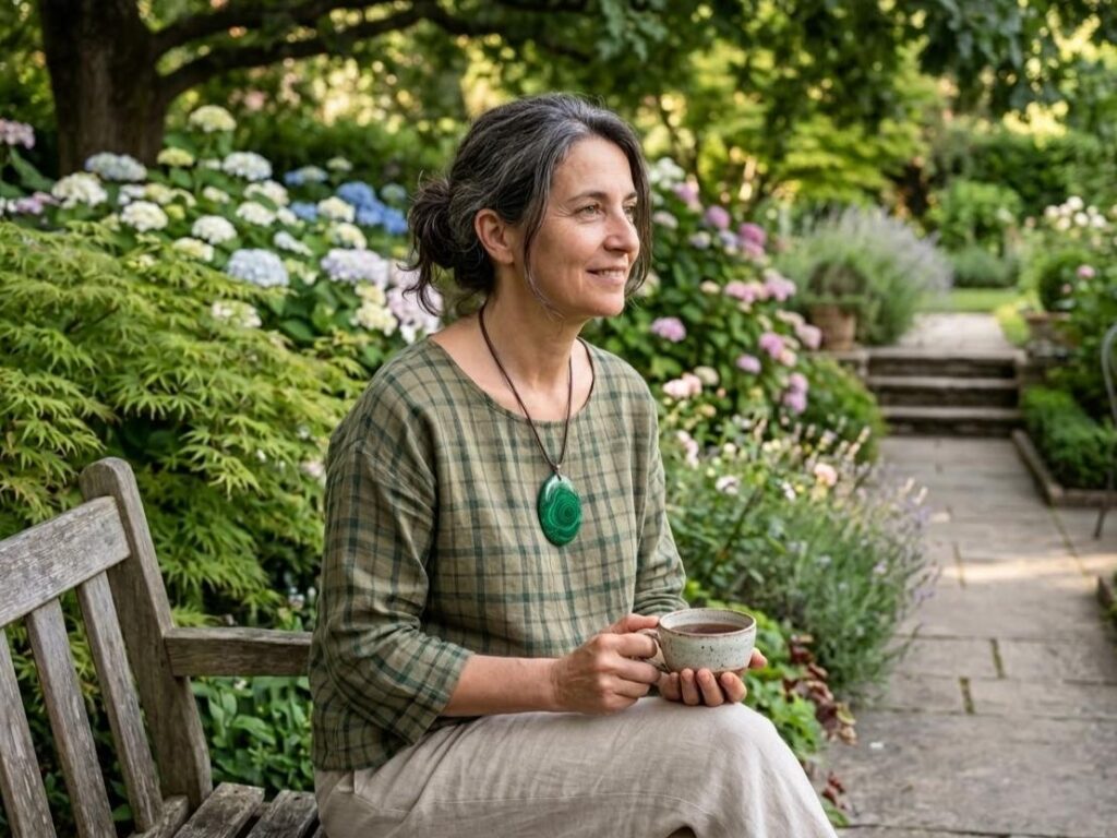Donna in giardino con abiti verdi, tazza di tè e ciondolo di malachite. Il significato dei colori III.