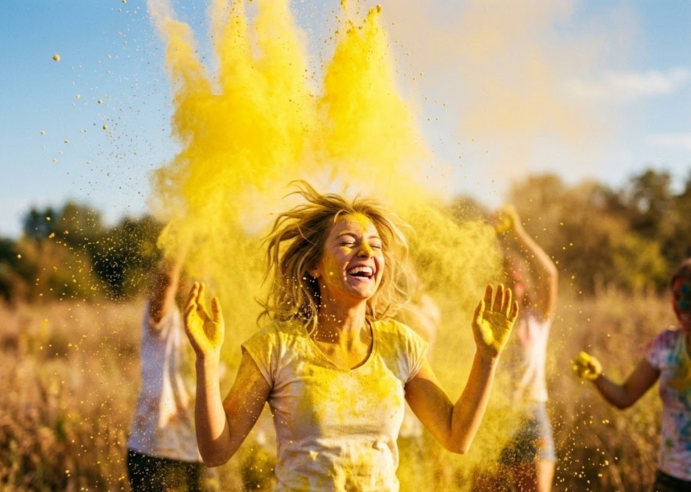 Donna ride tra polvere gialla: il significato dei colori II. Il giallo come gioia, ottimismo e pura energia vitale.