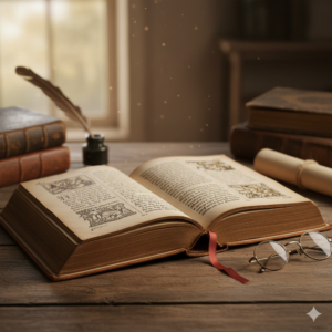 Creatività Storia Passione Collaborazione
Libro aperto con calamaio e occhiali 