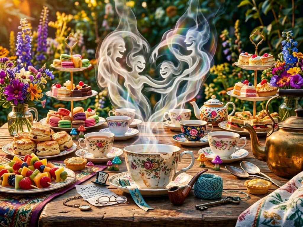 Tavola imbandita magica con vapore a forma di cuore, tra sogno e realtà alla ricerca della felicità e del calore umano.