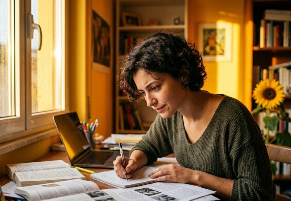 Una studentessa scrive in uno studio illuminato, con un girasole sullo sfondo: il giallo per concentrazione e logica.