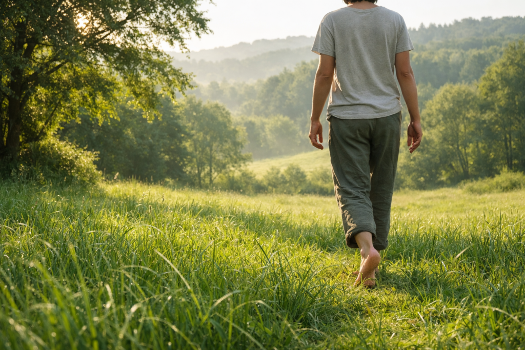 Persona cammina nel prato. Significato dei colori III: il verde, come simbolo di equilibrio, energia e armonia