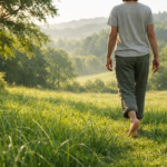 Persona cammina nel prato. Significato dei colori III: il verde, come simbolo di equilibrio, energia e armonia