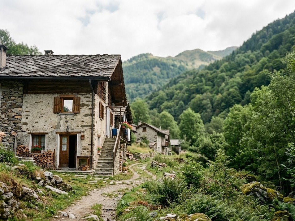 Casa di montagna in Val Chisone circondata da boschi, sentiero davanti, atmosfera tranquilla per il 25 aprile.