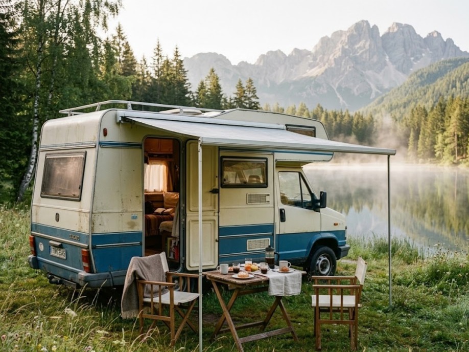 Viaggiare che passione: camper con tendalino, tavolino con tazze fumanti e biscotti, immerso nella natura al lago.