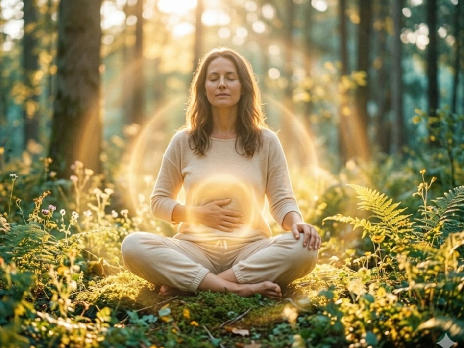 Persona in meditazione nella natura con luce dorata su intestino e mente, simbolo di equilibrio e benessere del secondo cervello.