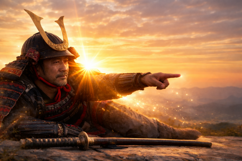 Foto: Samurai in armatura tradizionale illuminato da luce dorata al tramonto, simbolo del guerriero di luce, intuizione e forza interiore, con katana e aura luminosa.