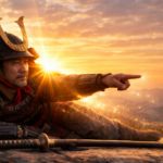 Foto: Samurai in armatura tradizionale illuminato da luce dorata al tramonto, simbolo del guerriero di luce, intuizione e forza interiore, con katana e aura luminosa.