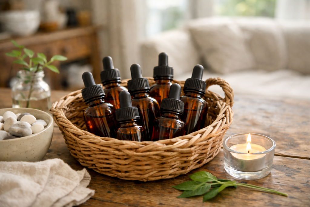 Foto: Tavolo in legno con cestino di vimini contenente boccette ambrate con contagocce per oli essenziali, senza etichette, in un contesto domestico quotidiano.