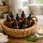 Foto: Tavolo in legno con cestino di vimini contenente boccette ambrate con contagocce per oli essenziali, senza etichette, in un contesto domestico quotidiano.