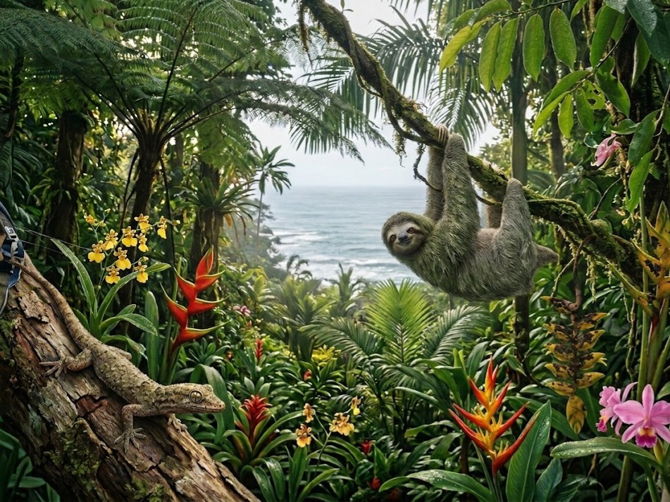 Viaggiare che passione: foresta del Costa Rica con ylang ylang, bradipo, jeko su tronco e oceano sullo sfondo.