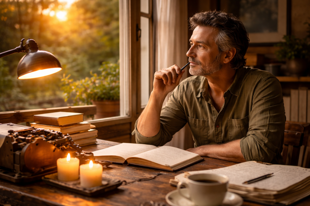 Foto: Scrittore riflessivo alla scrivania al tramonto, luce calda dalla finestra, libri e taccuini aperti, simbolo di intuizione, scelte interiori e vita intera.
