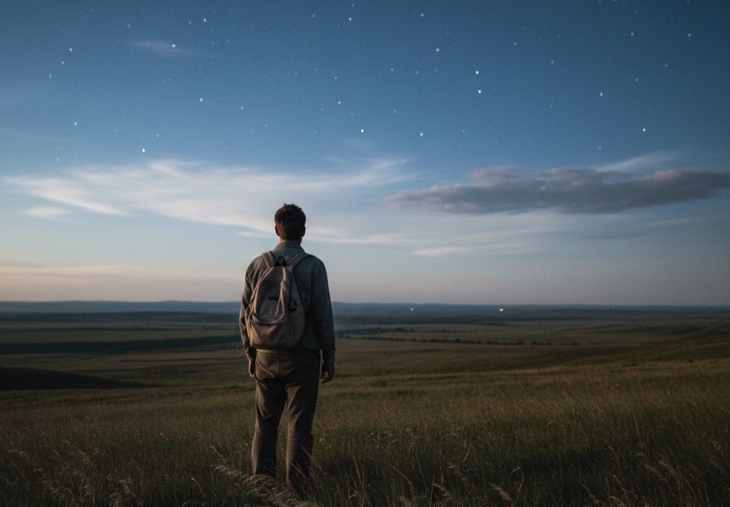 Foto: Uomo di spalle su una collina al crepuscolo, con zaino, guarda l’orizzonte sotto un cielo stellato, simbolo di riflessione, coraggio e connessione con l’universo.