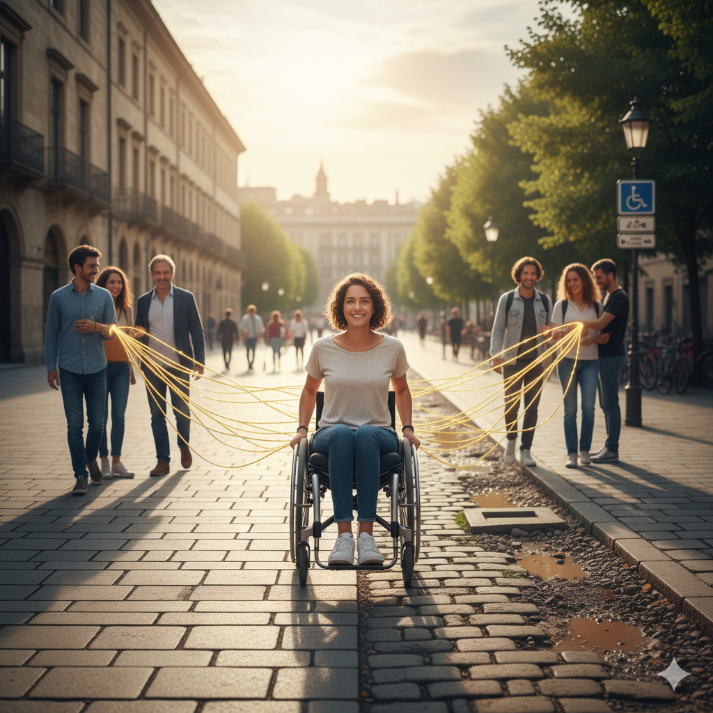 Che cos'è la disabilità. Rappresenta una ragazza su una sedia a rotelle.