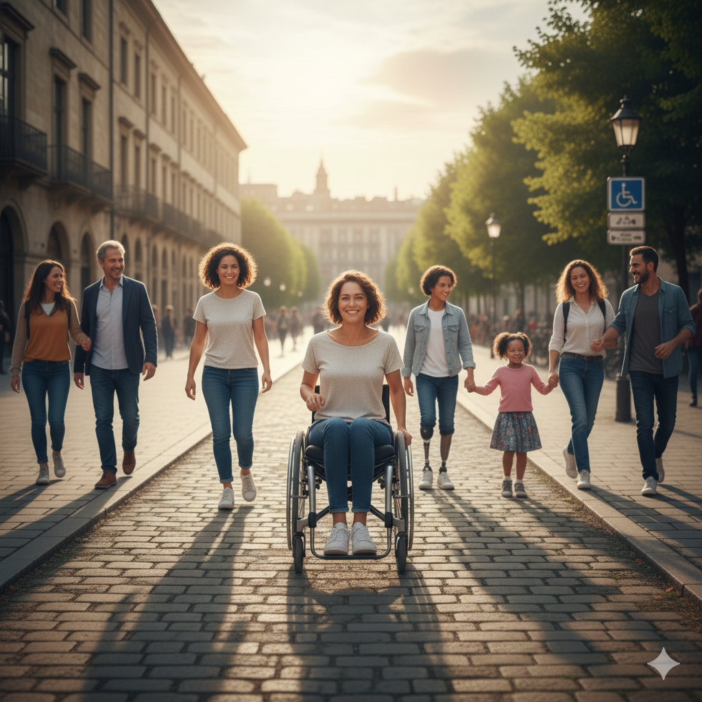 Chi Nasce con una Disabilità e chi No. Rappresenta persona con sedia a rotelle e persone in piedi.