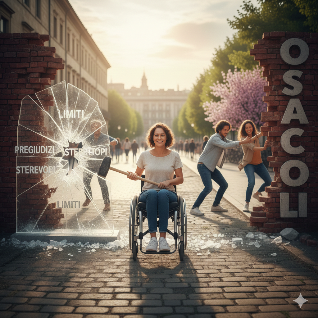 Che cos'è la disabilità. Rappresenta una ragazza su una sedia a rotelle, con ostacoli.