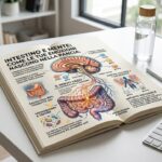 Libro aperto su scrivania moderna con illustrazioni scientifiche della connessione tra intestino e mente e nervo vago.