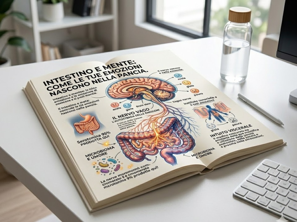 Libro aperto su scrivania moderna con illustrazioni scientifiche della connessione tra intestino e mente e nervo vago.