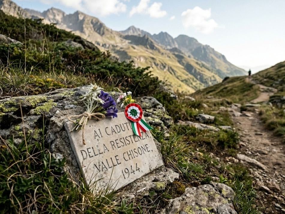 Lapide in pietra con fiori alpini e coccarda tricolore su sentiero montano. Omaggio ai caduti per il 25 aprile.