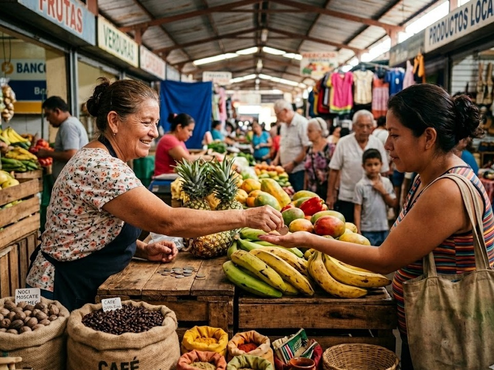 Viaggiare che passione: mercato in Costa Rica con frutta fresca, spezie e venditori locali impegnati nella vita quotidiana.