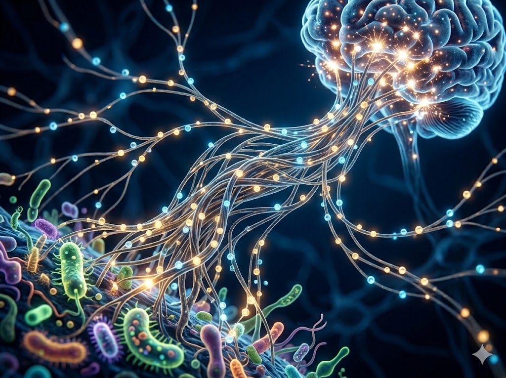 Rete di fibre luminose tra intestino e mente, dove neurotrasmettitori e microbioma creano un flusso di segnali vitali.