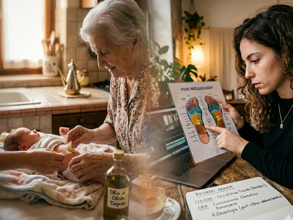 L'ombelico portale del benessere: tradizioni di cura e oli per neonati e adulti in un collage olistico