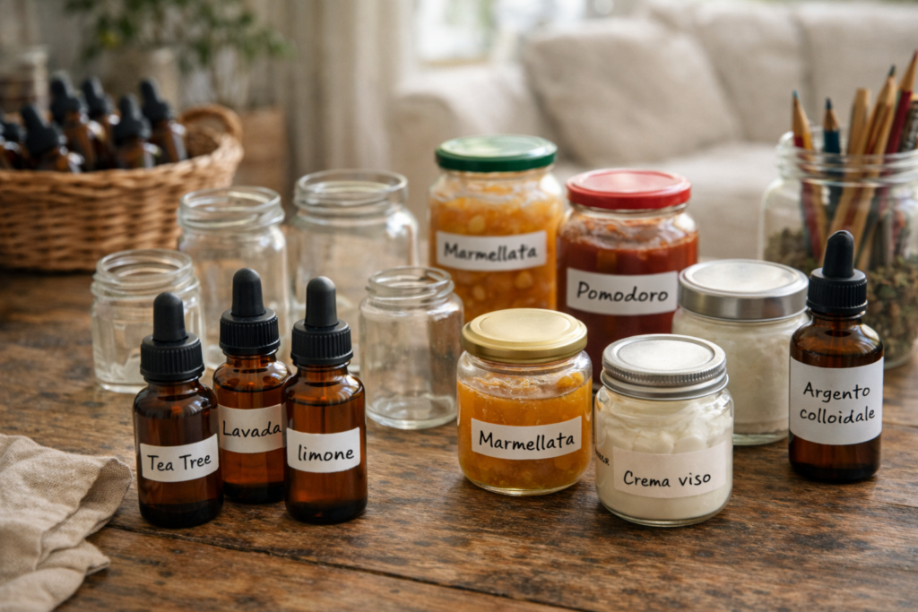 Foto: Boccette di oli essenziali e barattoli in vetro riutilizzati, con e senza etichette, alcuni vuoti e altri pieni, su tavolo di casa in contesto quotidiano.
