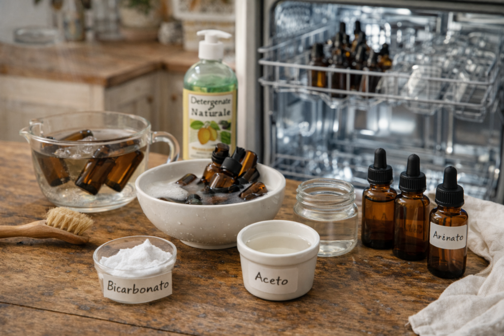 Foto: boccette ambrate per oli essenziali pulite con acqua, sapone e aceto, bicarbonato detergente naturale su un tavolo. In secondo piano la lavastoviglie con boccette pulite dentro.