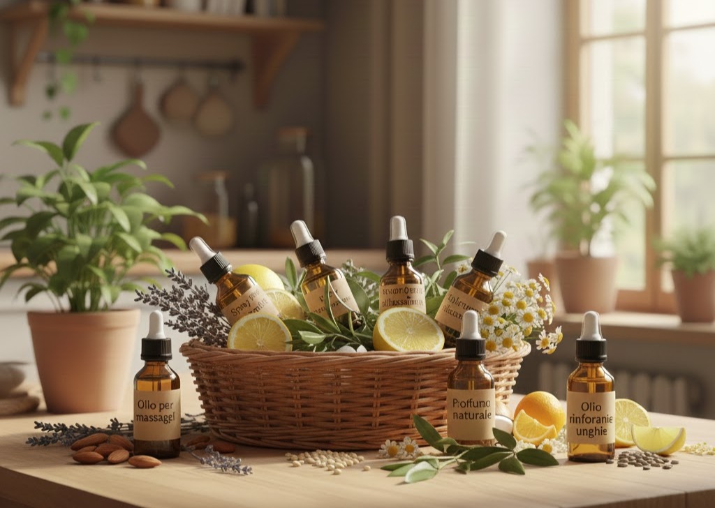 Foto: Boccette ambrate per oli essenziali su tavolo di legno con etichette 'Olio per massaggi', 'Profumo naturale' e 'Olio rinforzante unghie', in cesta domestica