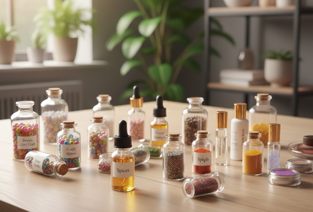 Foto: Boccette di vetro su tavolo in casa luminosa: perline, glitter, semi, spezie, cosmetici, oli, profumi e pigmenti. Sfondo con piante e scaffali sfocati, luce naturale, atmosfera accogliente