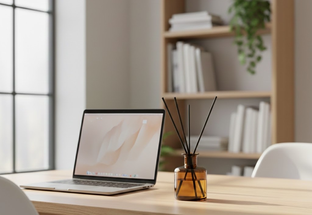 Foto: Diffusore a bastoncino in boccetta ambrata su scrivania in legno con laptop, scaffali con libri e piante, studio domestico luminoso e minimalista