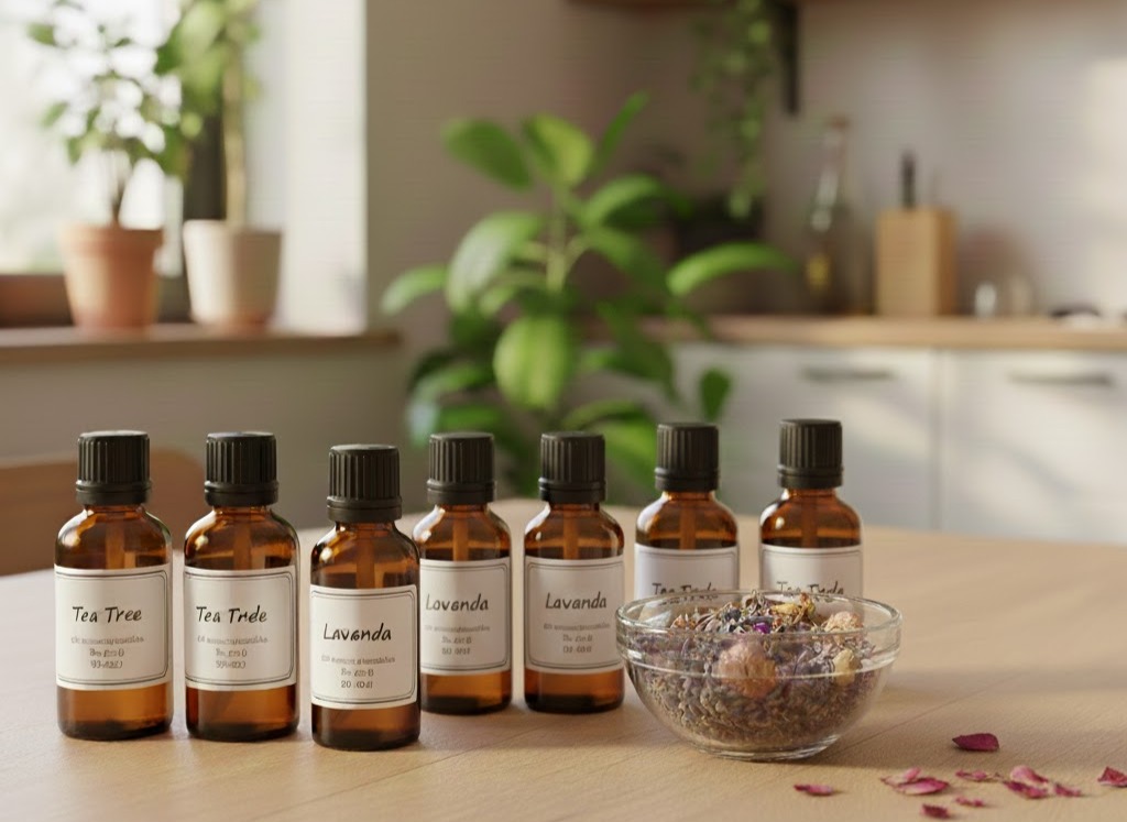 Foto: Boccette di oli essenziali riutilizzate per: sali da bagno aromatizzati, repellente zanzare, oli essenziali per il prontosoccorso su un tavolo in ambente dmestico.