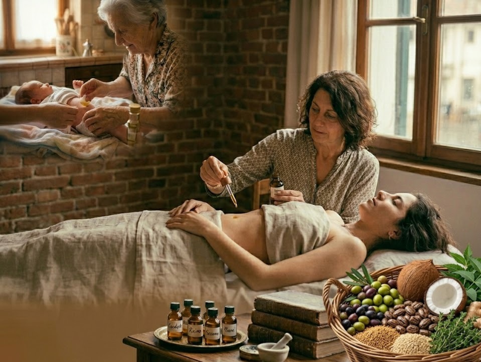 L'ombelico portale del benessere: collage tra rito della nonna, riflessologia con oli e cesto di rimedi naturali olistici.