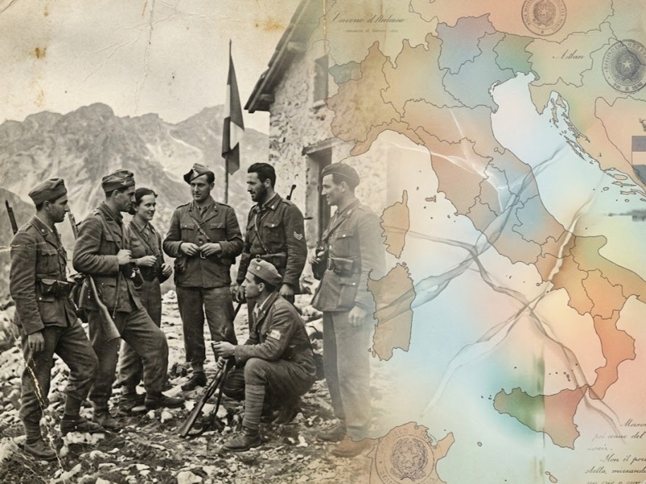 25 aprile partigiani italiani con mappa sfumata dell’Italia divisa, memoria e storia della Resistenza.