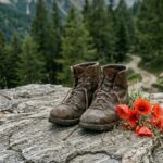 Vecchi scarponi logori accanto a papaveri rossi su roccia in Val Chisone, memoria e 25 Aprile