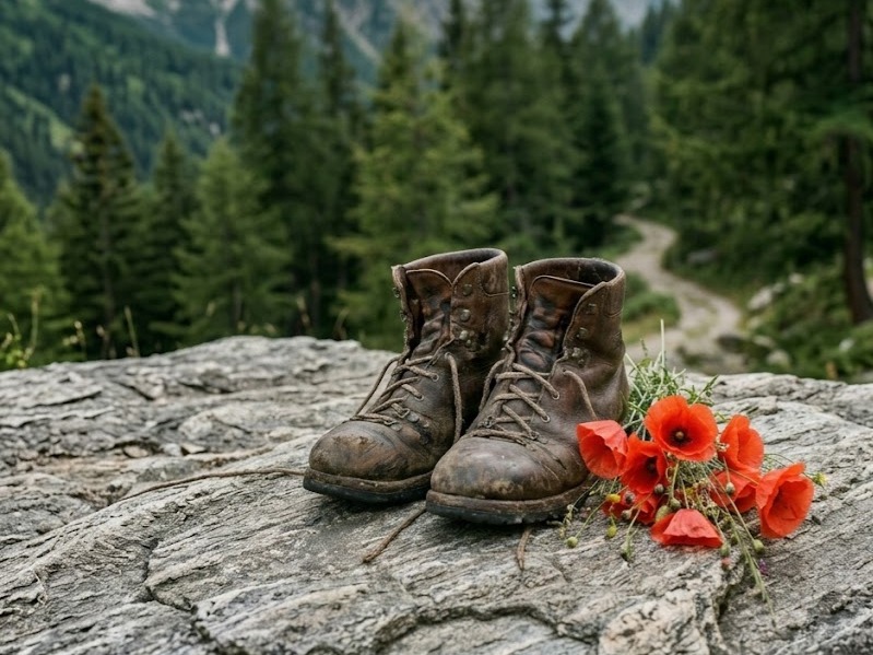 Vecchi scarponi logori accanto a papaveri rossi su roccia in Val Chisone, memoria e 25 Aprile