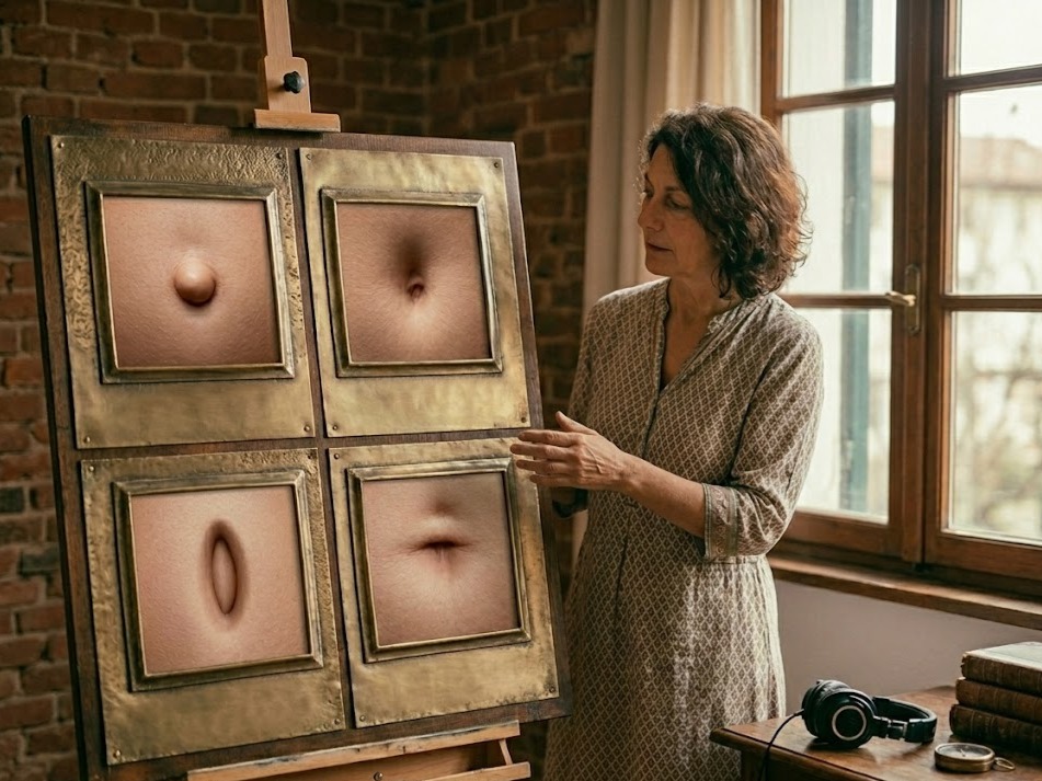 L'ombelico portale del benessere: riflessologo analizza diverse forme e caratteri esposti su un cavalletto in uno studio