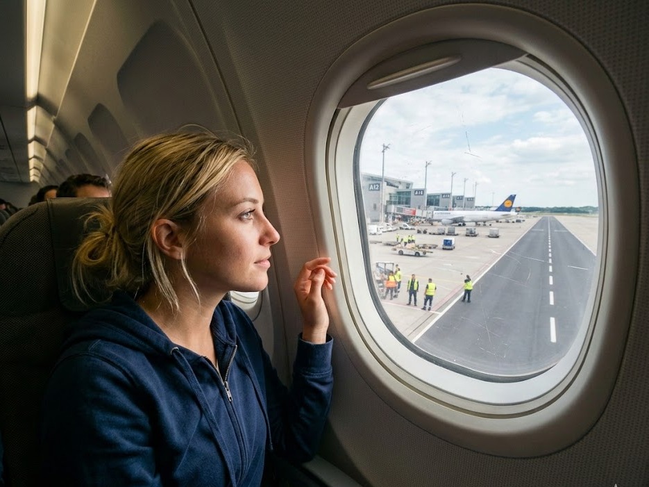 Viaggiare, che passione! Una ragazza bionda osserva sognante la pista dall’oblò, pronta a spiccare il volo verso nuove mete.