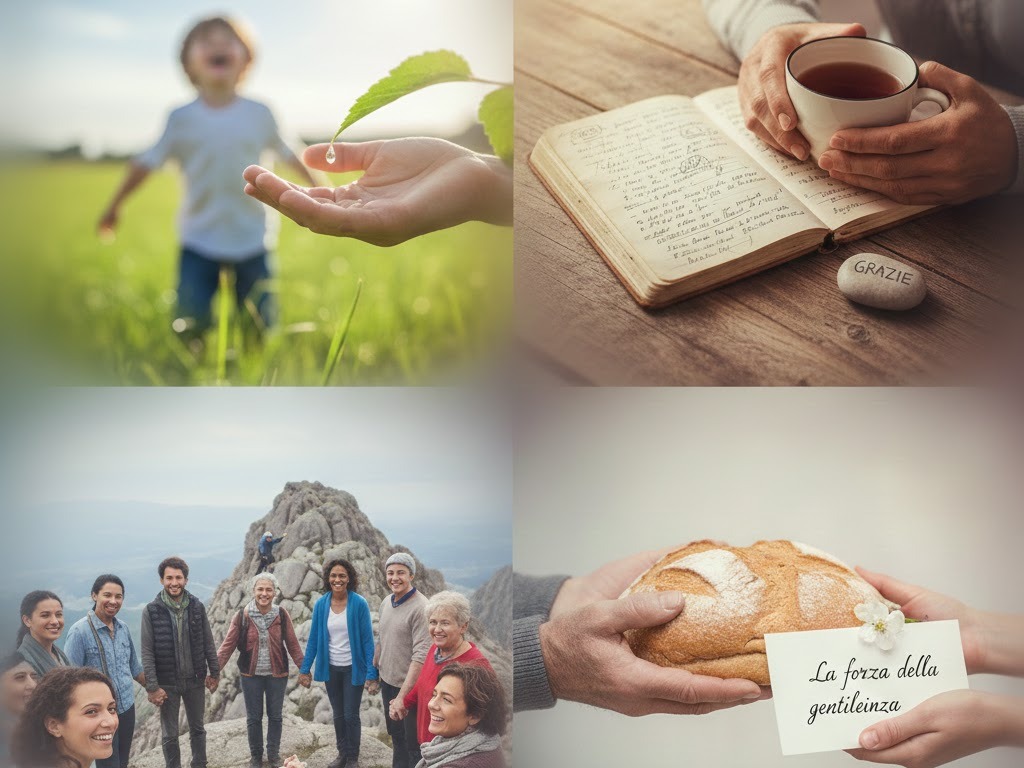 Collage simbolico con bambino nella natura, diario della gratitudine, amici in montagna e gesto di gentilezza, impara a gioire adesso