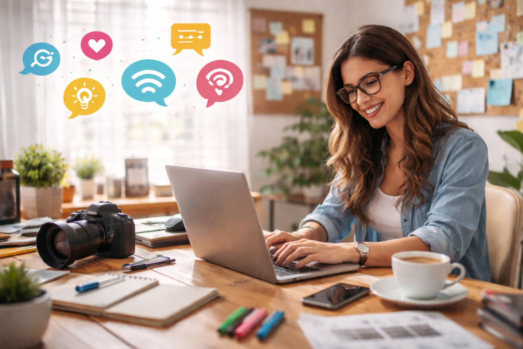 Donna al laptop con icone social sospese, 2 maggio: giornata mondiale dei blogger in home office luminoso.