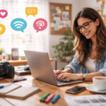 Donna al laptop con icone social sospese, 2 maggio: giornata mondiale dei blogger in home office luminoso.