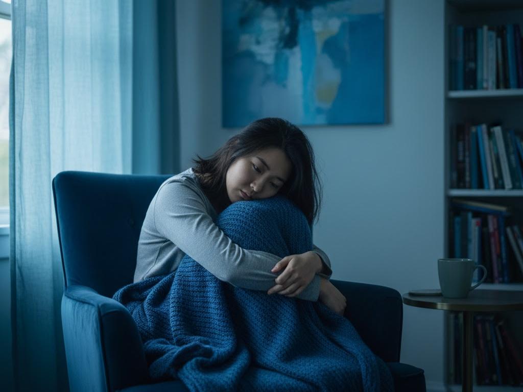 Donna triste in stanza blu: il colore esprime freddezza, apatia e stasi energetica, controindicato in caso di depressione.