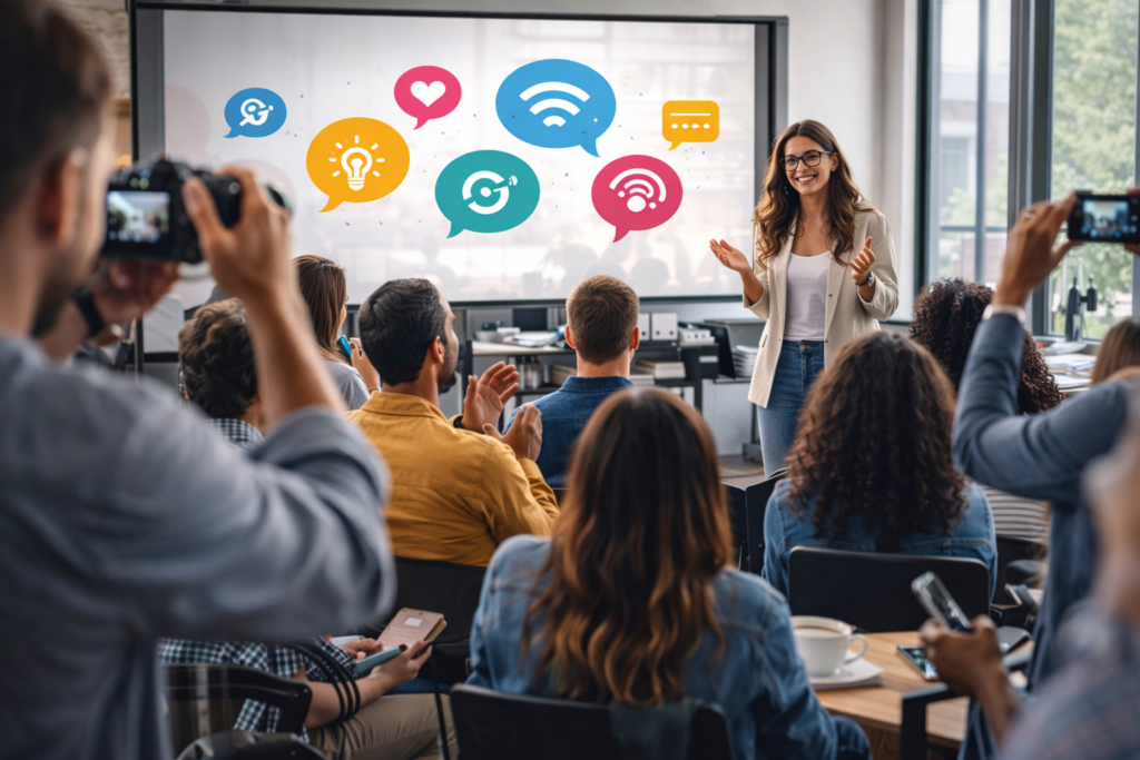 Evento con relatrice e pubblico, icone digitali sullo schermo, 2 maggio: giornata mondiale dei blogger in aula moderna.