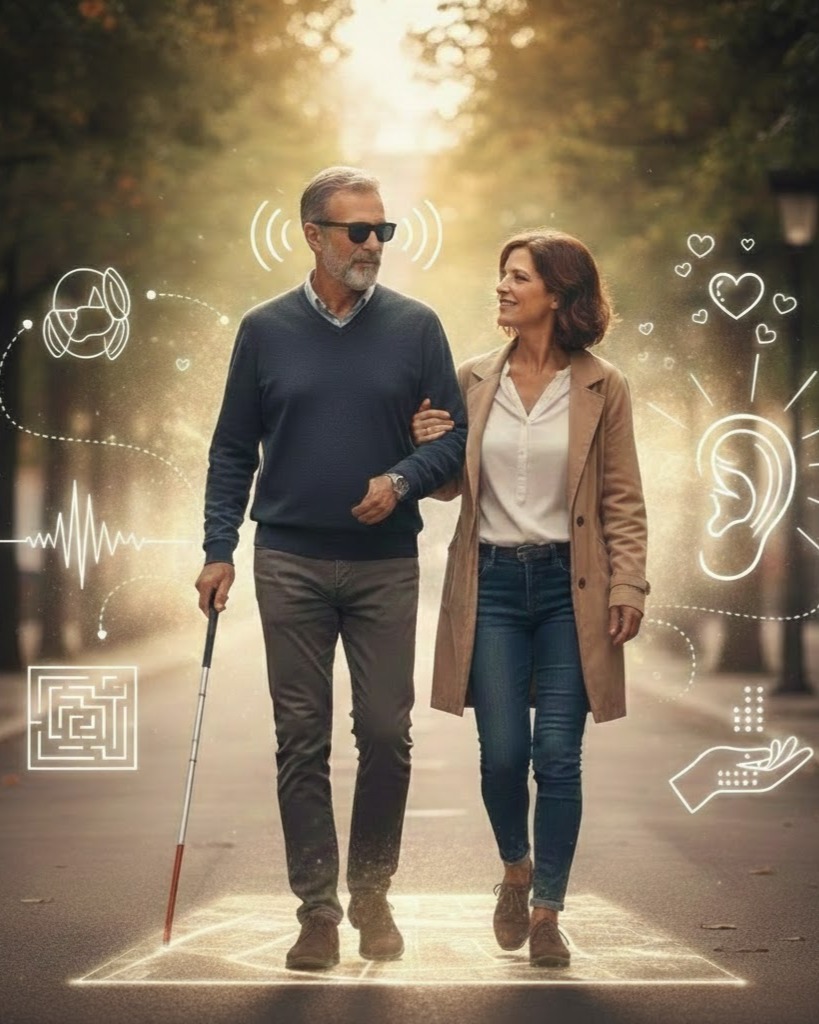 Uomo cieco cammina con bastone bianco con un'amica. Simboli di sensi accuiti e il sorriso oltre l'oscurità.